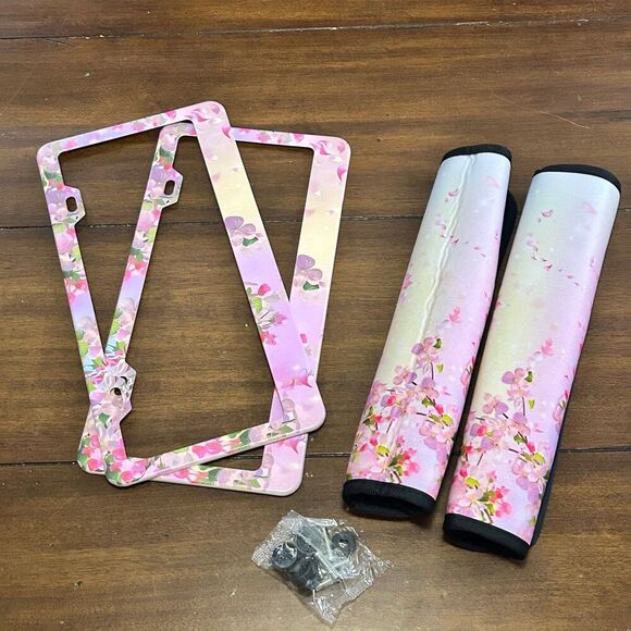 Pink Floral Cherry Blossom License Plate Holders and Seatbelt Cushions - Picture 1 of 3